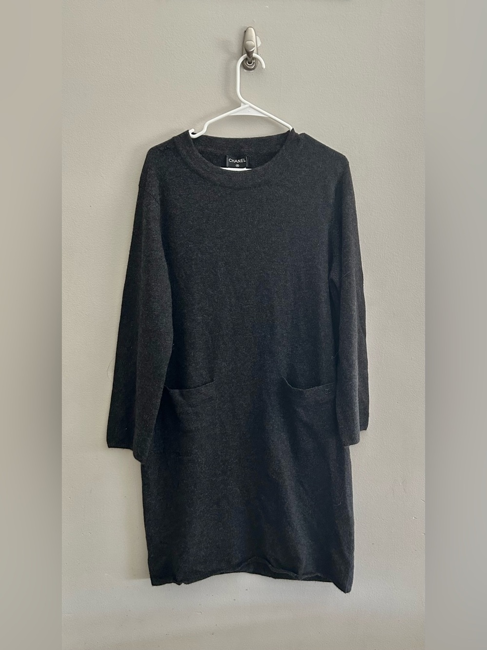 CHANEL Vintage 100% Cashmere Knit Sweater Dress In Charcoal P11677 | Sz 46